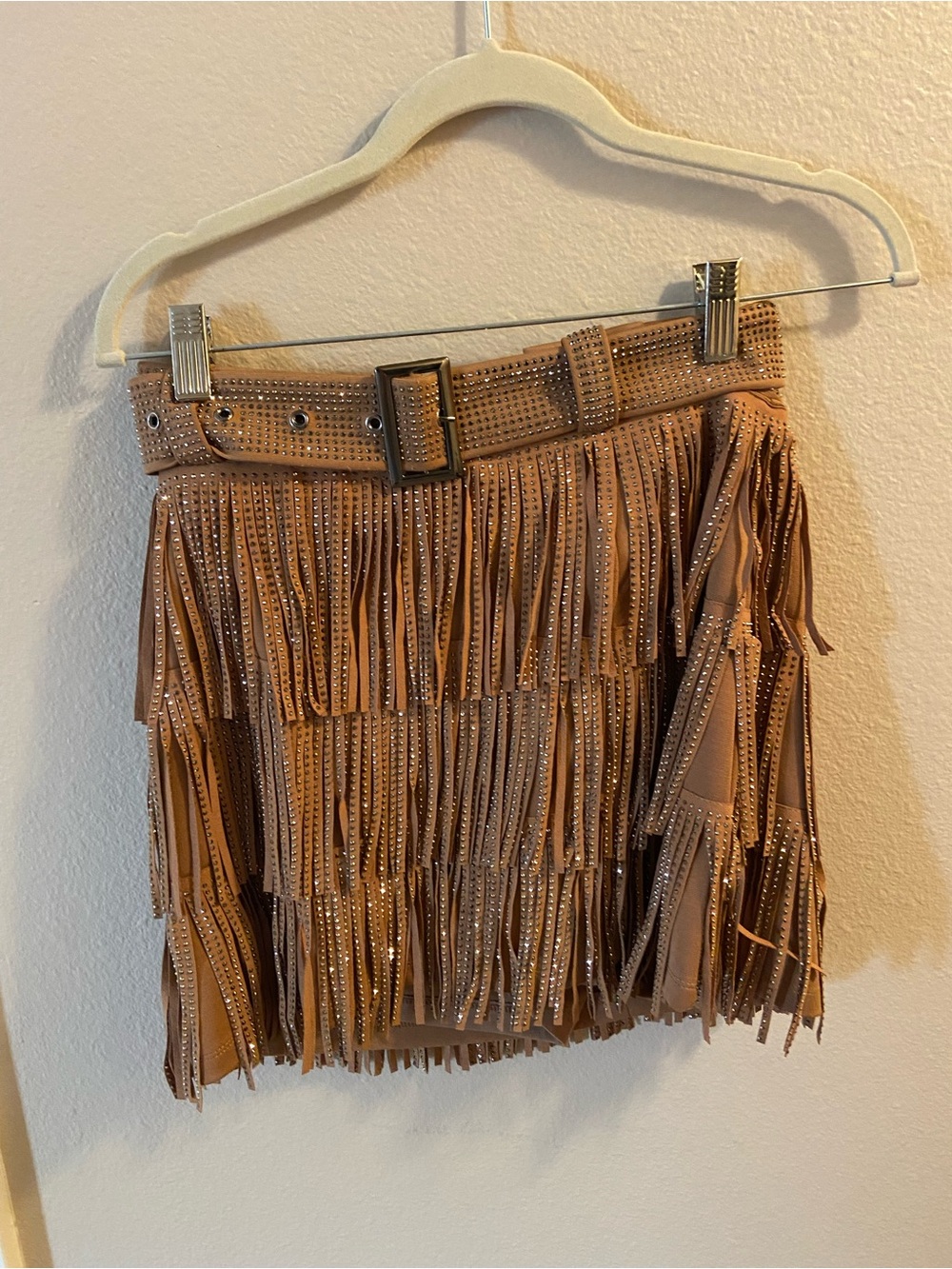 Taupe Fringe Mini Skirt with Studded Belt